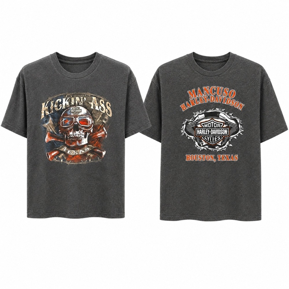 Harley Davidson Kickin A Texas Shirt Mancuso Houston Gray Biker Skull Tee XL 14‎